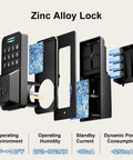 Exploded view of Super Slick Smart Door Lock With App Control, Backlit Keypad Deadbolt, showing zinc alloy parts and components.