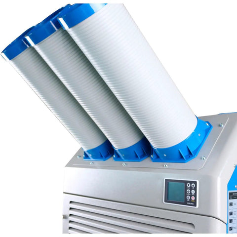 Industrial Grade Portable Air Conditioner With Triple Cold Air Nozzles To Crush Summer Heat Fast Covers Two Thousand Six Hundred Square Feet For Workshops And Server Rooms Features Quick Clean Washable Filters And Rolls Anywhere You Need It with three air nozzles for focused cooling.