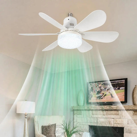 40W Small Ceiling Fan with Lights, Remote, 3 ColorTemps, 520mm White in living room, illuminating and cooling space.