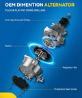 Exploded view of High Output Alternator For Honda Accord 2003 2007 2.4L showing grooved pulley, stator, regulator, cover parts.