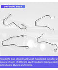 Assorted stainless steel beefy car bulb clips for headlights H1 H3 H4 H7 universal retainer, showing different sizes and shapes
