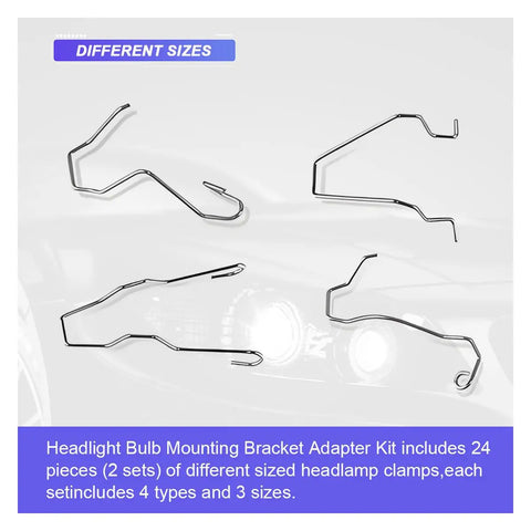 Assorted stainless steel beefy car bulb clips for headlights H1 H3 H4 H7 universal retainer, showing different sizes and shapes