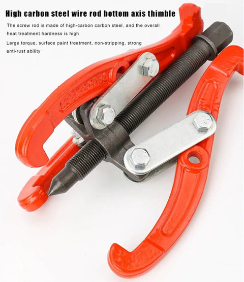 Close-up of Beefy Heavy Duty Hydraulic Three Jaw Gear Puller Kit with thickened jaws in high carbon steel, 12 inch tool.