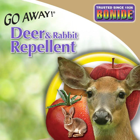 Go Away Deer And Rabbit Repellent Spray 32 Oz Ready To Use Hot Pepper Formula product label with deer and rabbit illustration