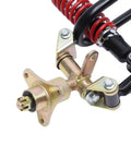 Close-up of Front Suspension Swingarm Assembly Upgrade Kit with shocks for DIY ATV quad bike buggy go kart parts.
