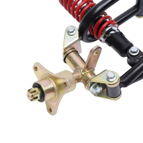 Close-up of Front Suspension Swingarm Assembly Upgrade Kit with shocks for DIY ATV quad bike buggy go kart parts.