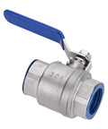 Heavy Duty 304 Stainless Steel Full Port Female Ball Valve Featuring Smooth Operator Design on a blue handle and threaded end.