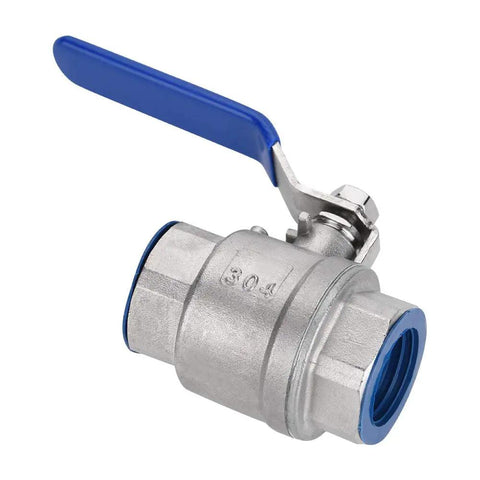 Heavy Duty 304 Stainless Steel Full Port Female Ball Valve Featuring Smooth Operator Design on a blue handle and threaded end.