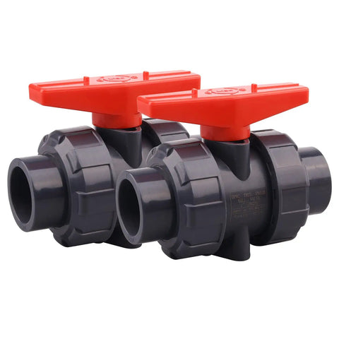 Two Pack PVC True Union Ball Valves With Full Port, EPDM O-Rings, Reversible PTFE Seats, Rated 200 PSI, 1 Inch Socket