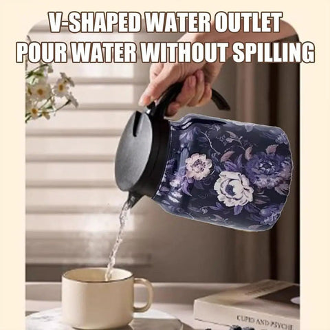 Hand pouring from vintage floral teapot with V shaped spout into cup