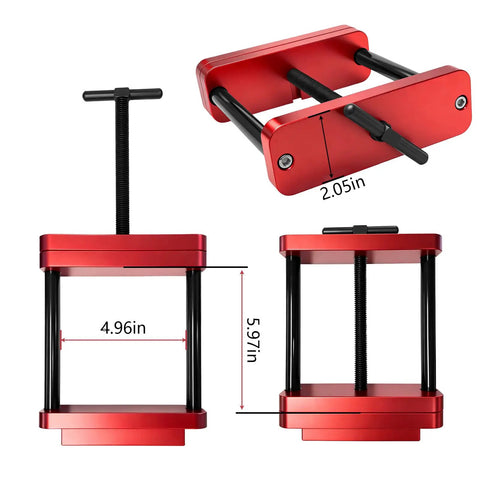 Heavy Duty Aluminum Connecting Rod Vise Set With Pre Press Mold For Engine Bolt Swaps And Piston Alignment showing dimensions and red anodized finish.