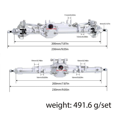 CNC Aluminum Front Straight Axle Kit For 1/10 Scale RC Crawlers, Black Anodized Hubs with 30T/8T Gearing, weight shown as 491.6 g/set