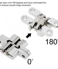 180 Degree Zinc Alloy Concealed Hinge For Folding Doors And Hidden Doors With Screws showing open and closed positions