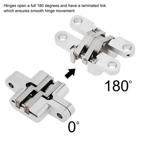 180 Degree Zinc Alloy Concealed Hinge For Folding Doors And Hidden Doors With Screws showing open and closed positions