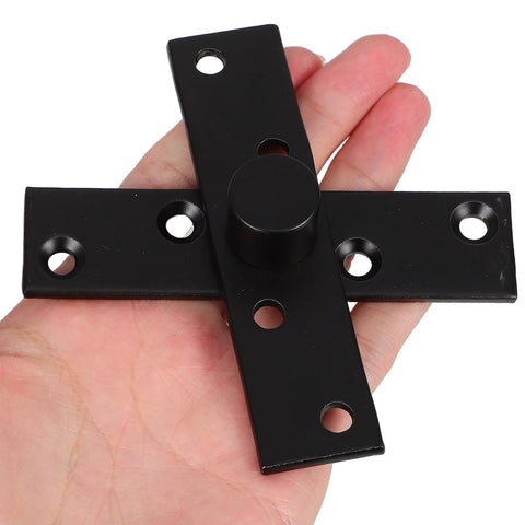Invisible 360 Degree Hidden Door Pivot Hinge for Wooden Doors and Cabinets, black stainless steel, on hand, close-up