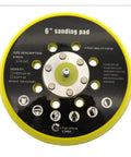 Super Durable 6 Inch Sanding Pad With Dust Free Vent Holes And M8 Thread For Fast Disc Swapping On Random Orbit Sanders, black and yellow design.