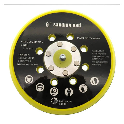 Super Durable 6 Inch Sanding Pad With Dust Free Vent Holes And M8 Thread For Fast Disc Swapping On Random Orbit Sanders, black and yellow design.