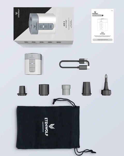 Ultra Fast Mini Air Pump For Inflatables With 2600mAh Battery And Camp Light with accessories and packaging