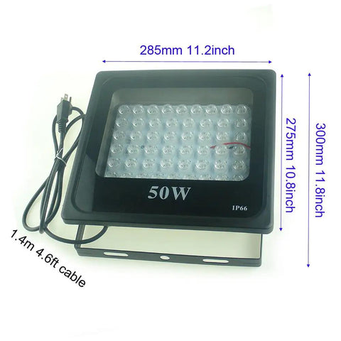 Lit 50W UV LED Flood Light Blacklight For Curing Glue, Aquarium Glow, Fishing, Night Parties, And Art Projects 395nm-400nm 110V US Plug with measurement dimensions