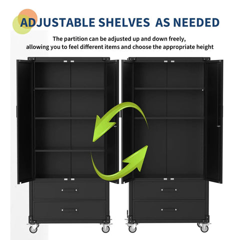 Beefy 72 Inch Metal Storage Cabinet On Wheels With Locking Doors And 2 Drawers Rolling Garage Organizer With 3 Adjustable Shelves