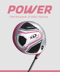 Close-up of the women's golf club driver head, titanium 460cc, pink finish, part of the Women's Golf Club Set With Driver, Fairway Wood, Hybrid, Six PW Irons, Putter, Stand Bag, Three Head Covers, Ultra Light Graphite Shafts, Right Handed, Pink Finish, Comes In Three Size Options For A Comfortable High Performance Round.