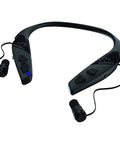 Behind The Neck Bluetooth Hearing Enhancer For Hunters With Retractable Earbuds, Rugged Black Design, front view