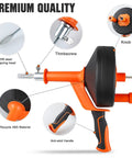 25 Foot Heavy Duty Drain Auger And Plumbing Snake With Drill Adapter showing features like thumb screw, anti-skid handle, and 25ft steel spring head.