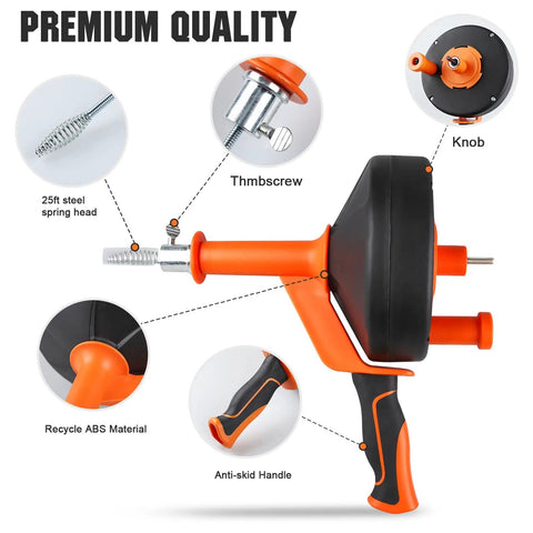 25 Foot Heavy Duty Drain Auger And Plumbing Snake With Drill Adapter showing features like thumb screw, anti-skid handle, and 25ft steel spring head.