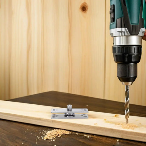 Stainless Steel Concealed Pivot Hinge Delivering Smooth As Butter 360 Rotation For Cabinets, drilling into wood with hinge attached.