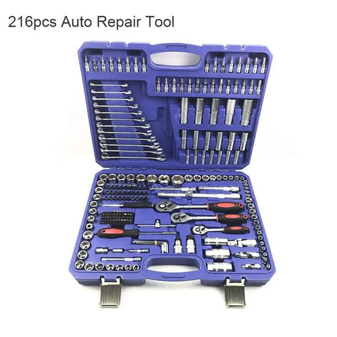 216-piece auto repair tool set with socket wrenches and ratchet, DIY garage essentials for cars and bikes.