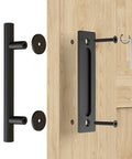 12 Inch Sliding Barn Door Handles Hardware With Flush Finger Pull, Double Sided Design, installed on wood door, close-up