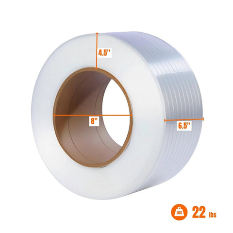 Heavy Duty Polypropylene Strapping Roll Six Thousand Feet Half Inch Wide Point Zero Three Thick Three Hundred Pound Break Strength Standard Core 22 lbs roll dimensions 4.5x8x6.5 inches.
