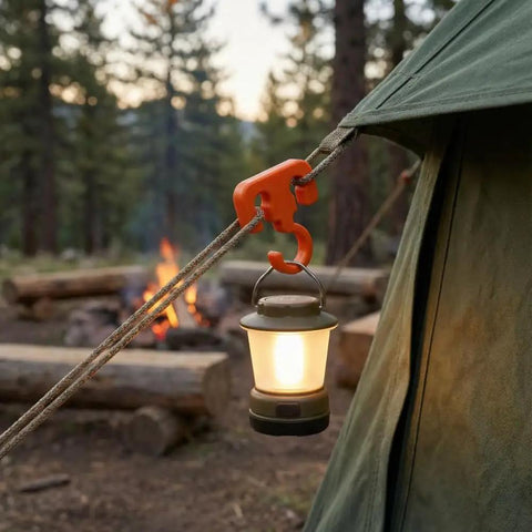 Pack Of Four Portable Multifunctional Camping Hooks Drops Sweet Trailside Vibes While Hanging Your Gear Clothes And Towels On Clotheslines No Sweat Required Heavy Duty Claws Bite Firmly Onto Tree Branches For Every Weekend Warrior Adventure with outdoor lantern and tent setup.
