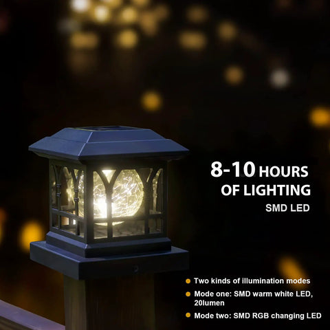 Go-To LED Post Cap Light on wood post with warm white glow and RGB color change, outdoor use, ABS shell, 1000mAh battery, IP65 waterproof