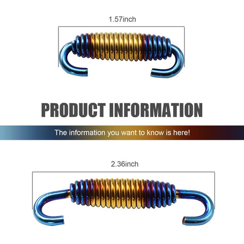 Two Pack Ride Ready Motorcycle Exhaust Springs 40mm To 60mm Universal Stainless Steel Reinforced Spring Hooks For Exhaust Muffler On Riding Motorcycles Scooters ATVs Multicolor Blue. Image shows two spring hooks with measurements 1.57 inches and 2.36 inches, showcasing details and color variations in blue and gold.