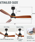 Wood Ceiling Fan With Light Energy Saving 52 Inch DC Motor Ultra Quiet 3 Blades 6 Speeds Indoor Outdoor Ceiling Fan for Patio Porch Bedroom Living Room Brown Walnut Finish, size details.