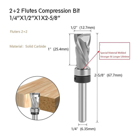 2+2 Flutes Compression Router Bit 1/4 Inch Solid Carbide Shank for Perfect Plywood and Veneer Cuts No Tear Out on Hot CNC Jobs