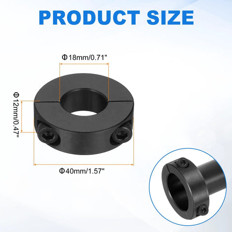 Two Pack Double Split Shaft Collars 18mm Bore 40mm Outer Diameter 12mm Thick Clamping Collar With Set Screws Carbon Steel Black Oxide