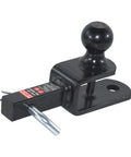 Three In One ATV UTV Trailer Hitch Mount With Two Inch Ball And One Quarter Inch Rise For Tow Straps Fits One And One Quarter Inch Receiver Includes Clevis Mount Hole Ready To Roll, black steel