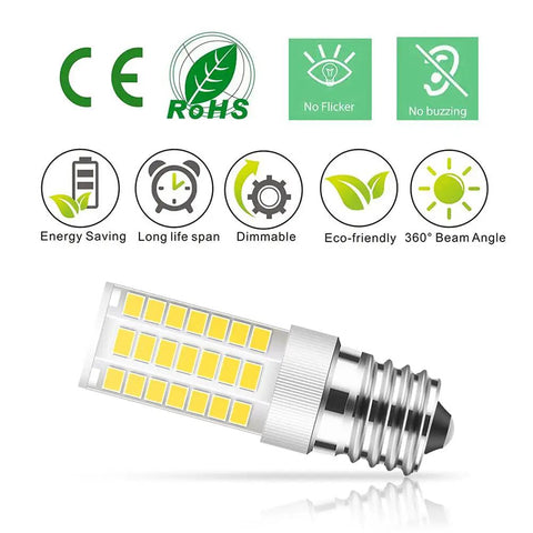 Dimmable 5W LED Microwave Light Bulb 450 Lumens Super Bright Daylight White 6000K Replaces 40W Halogen E17 Base Two Pack For Microwave Ovens Over Stove Range Hood Refrigerator with energy-saving features illustrated