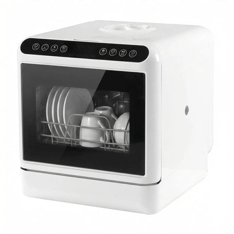 Portable Countertop Dishwasher Featuring Swift Clean Cycle And Hot Steam Sanitizing Option No Plumbing Hookups Required Super Easy Setup For Tight Studio Digs And Rv Adventures with dishes inside.