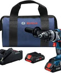 GSR18V 975CB25 18V Brushless Drill Driver Kit with two CORE18V 4Ah batteries, charger, and carrying bag displayed.