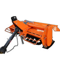 3 Point Rotary Tiller Attachment For Cat 1 Tractors With PTO Drive And 540 RPM Gearbox, 53 Inch Width, orange metal construction