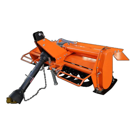 3 Point Rotary Tiller Attachment For Cat 1 Tractors With PTO Drive And 540 RPM Gearbox, 53 Inch Width, orange metal construction