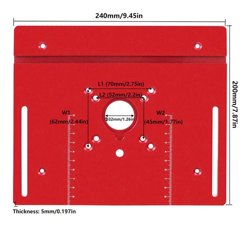 Rock Solid Router Table Insert Plate Featuring Precision Miter Gauge Guide Fence and Hassle Free Sliding Brackets for Quick Trim Router Setup, 240x200x5mm, aluminum, red color.
