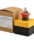 Red Weatherproof Emergency Stop Push Button Switch 660V 10A with Box and Key 1NO 1NC for machinery safety control.