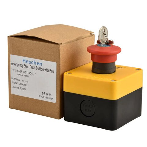 Red Weatherproof Emergency Stop Push Button Switch 660V 10A with Box and Key 1NO 1NC for machinery safety control.