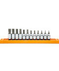 Front view of 12 Piece 3/8 Inch Drive Hex Bit Socket Set Metric S2 Steel Heat Treated Chrome Finish on orange holder.