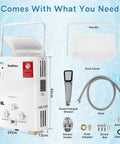 Portable Tankless Gas Water Heater 6L 1.59GPM LPG Propane Butane For Outdoor Use RV Camping And Cabin White with accessories.