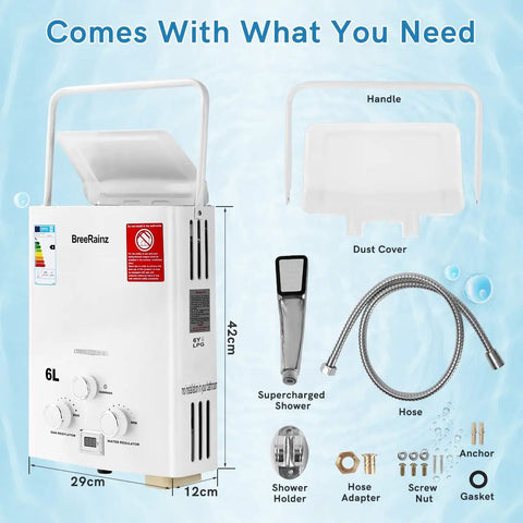 Portable Tankless Gas Water Heater 6L 1.59GPM LPG Propane Butane For Outdoor Use RV Camping And Cabin White with accessories.